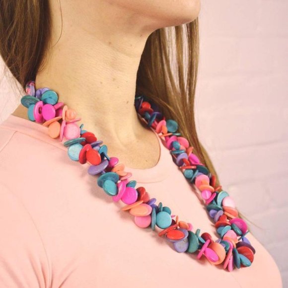 colourful rainbow vintage double strand wood beaded necklace - Picture 4 of 6